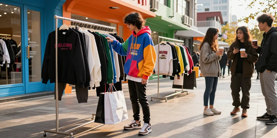 Fashionable urban shopper exploring luxury items at shs-dome5.com, lively street atmosphere.