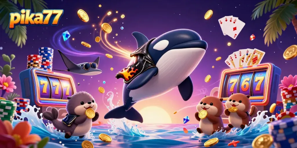 Pika77 showcases a thrilling casino scene with characters celebrating big wins in a colorful, vibrant underwater setting, featuring spinning slot reels and cascading coins.