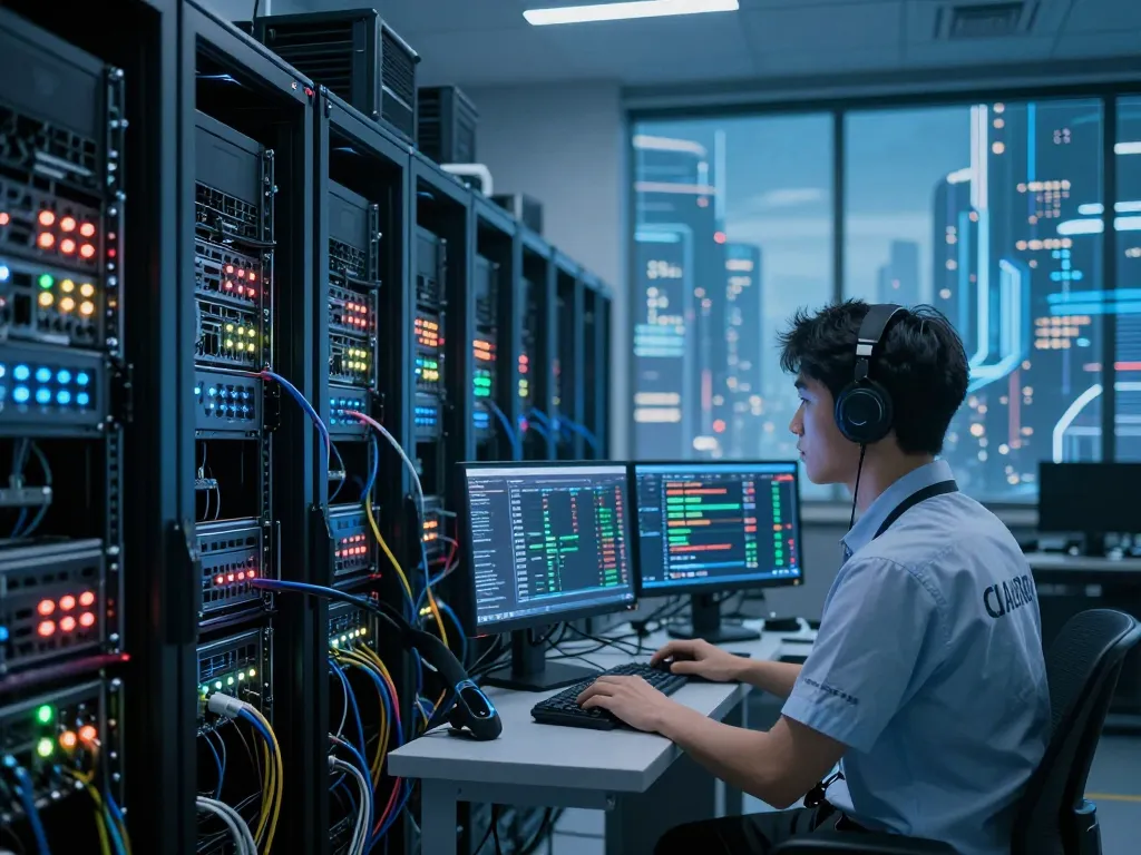 Crypto cloud mining platform technician monitoring advanced mining servers in a modern data center.