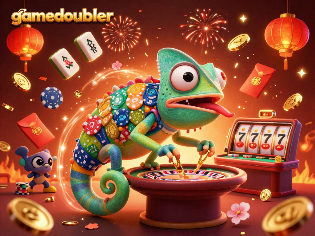 Join the gamedoubler experience with vibrant chameleon casino elements amidst a festive 3D scene.