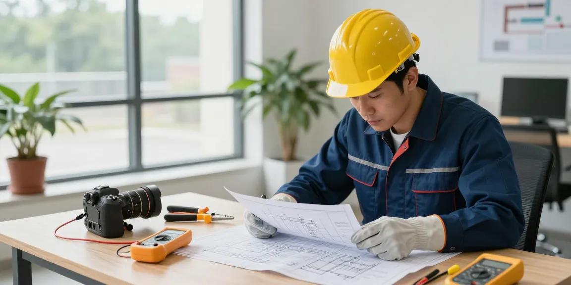 Find out more about electrical professionals reviewing detailed schematics in a bright workspace.