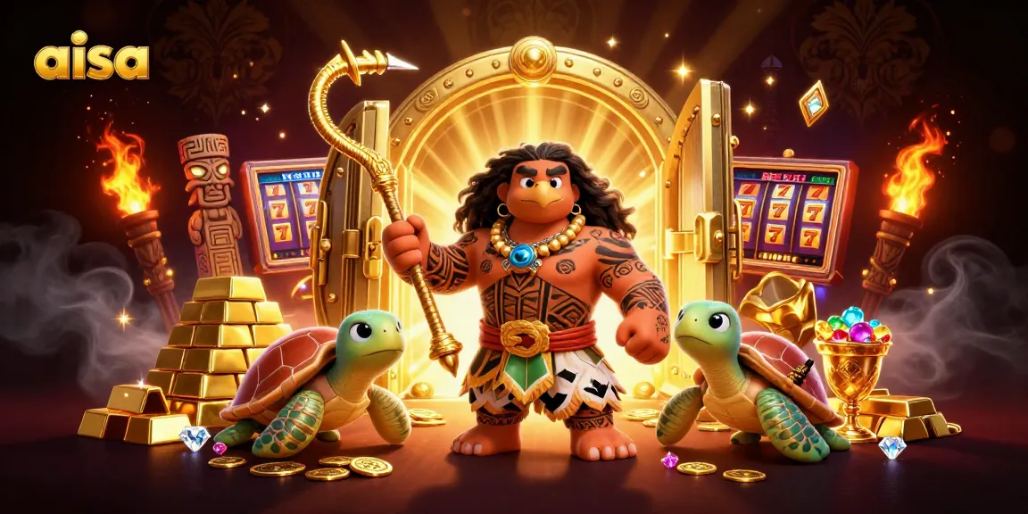 Spin the reels with AISA in a vibrant casino scene featuring golden treasures and dynamic characters.