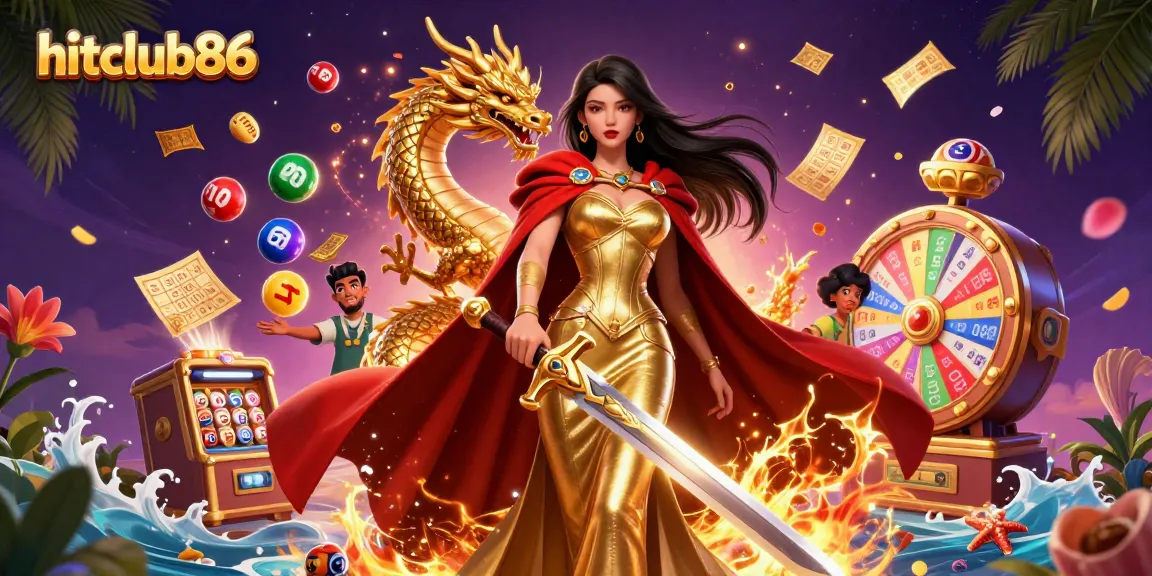 Win big with hitclub86 as a stunning warrior queen and golden dragon illuminate the thrilling casino scene.