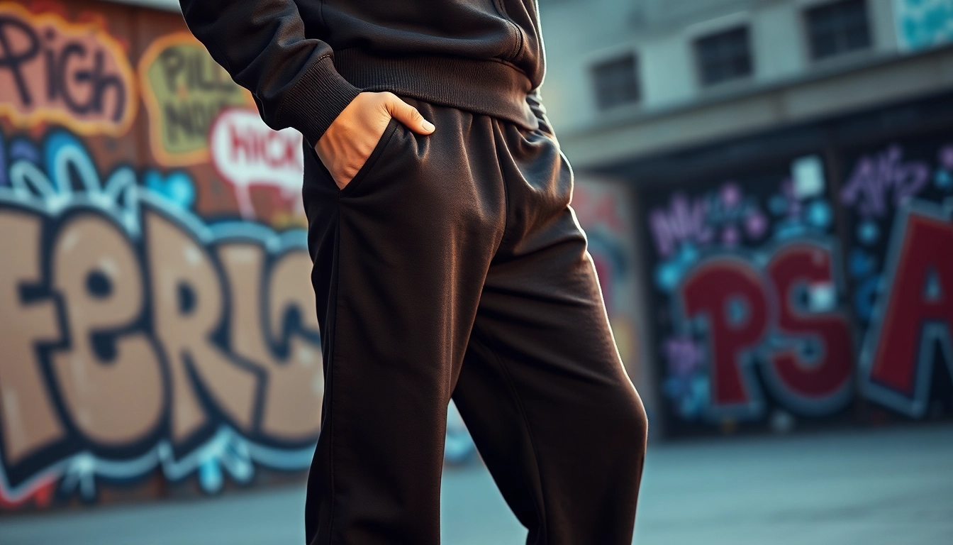 Model showcasing stylish black baggy sweatpants against urban graffiti background.
