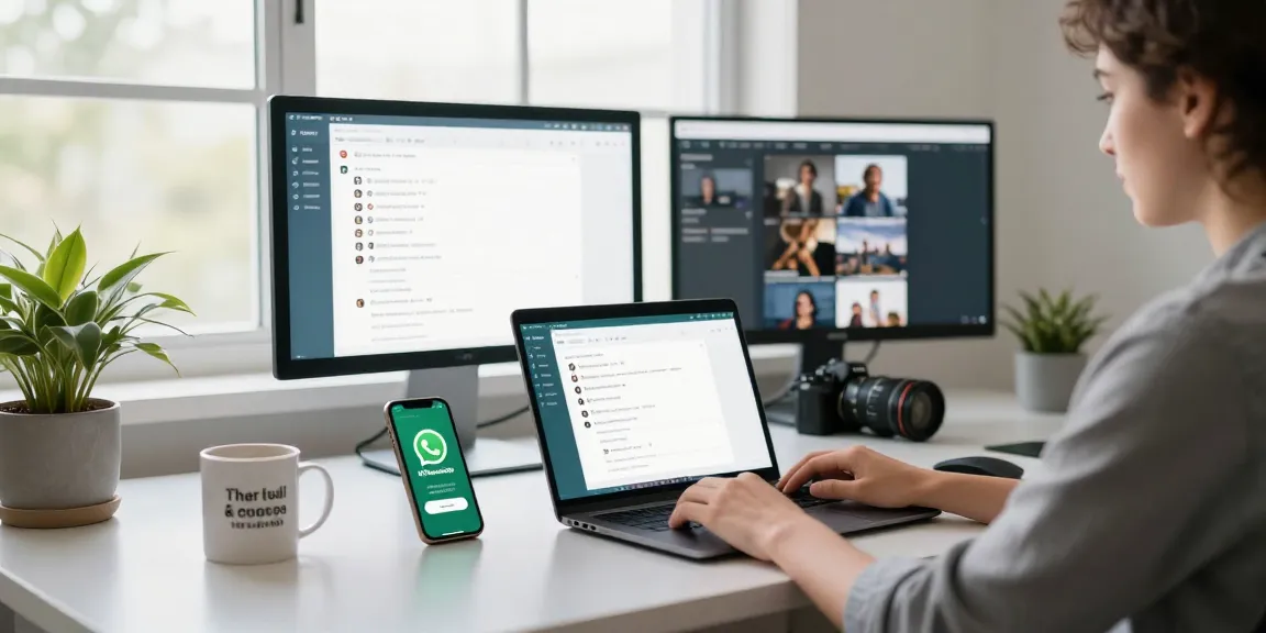 Using WhatsApp網頁版 on a sleek home office desk with multiple screens and a laptop setup.