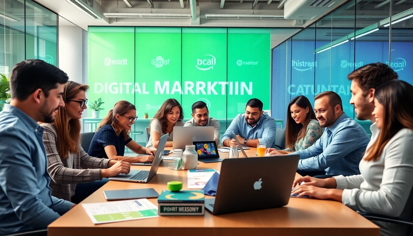 Team strategizing in a vibrant office, emphasizing agencia hubspot expertise and collaboration.