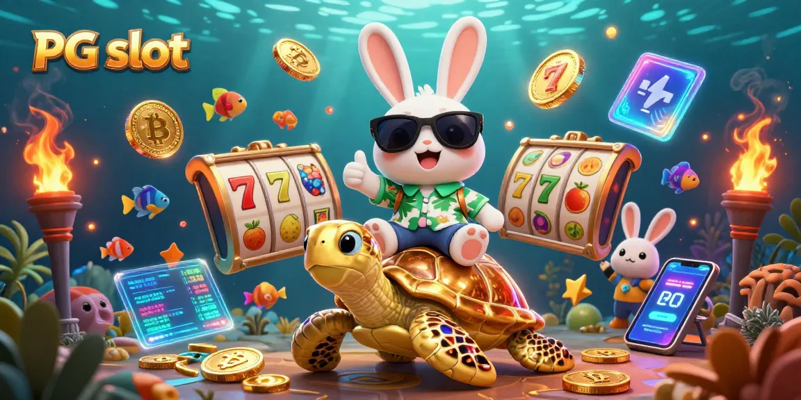 Spin to win with PG slot: Adorable lucky rabbit and golden turtle in vibrant casino scene.