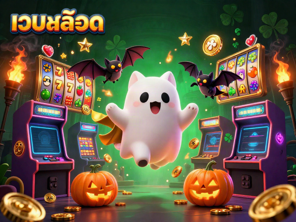 Experience thrilling เว็บสล็อต action with a friendly ghost cat and a bat in a haunted casino scene.