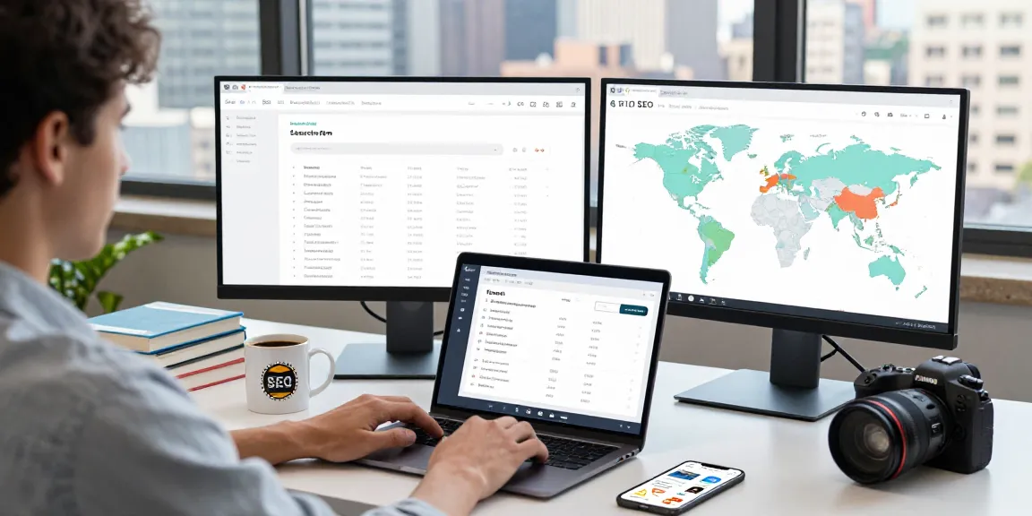 In a tech workspace, a digital marketing analyst uses i search from tool to view local SEO results on dual monitors.