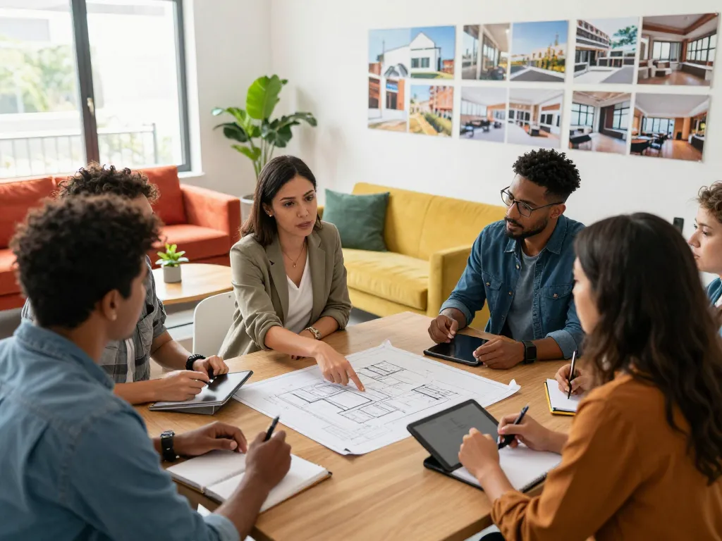 Nationwide investors group collaborating in a real estate renovation project discussion, showcasing vibrant property details.