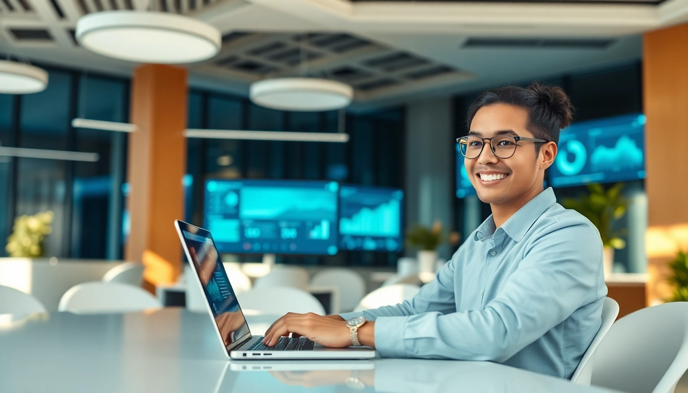 Engaging scene showcasing an enterprise assistant platform interface with a user in a modern workspace.