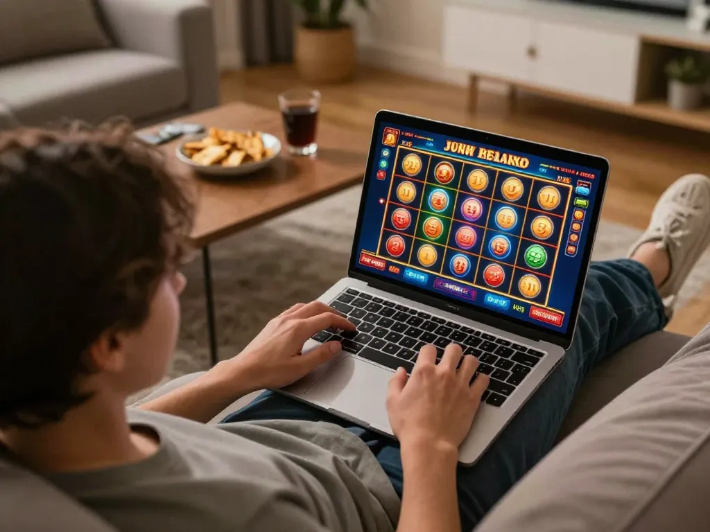Engaging moment at home as a player explores Canada online casinos reddit through an exciting slots game on their laptop.