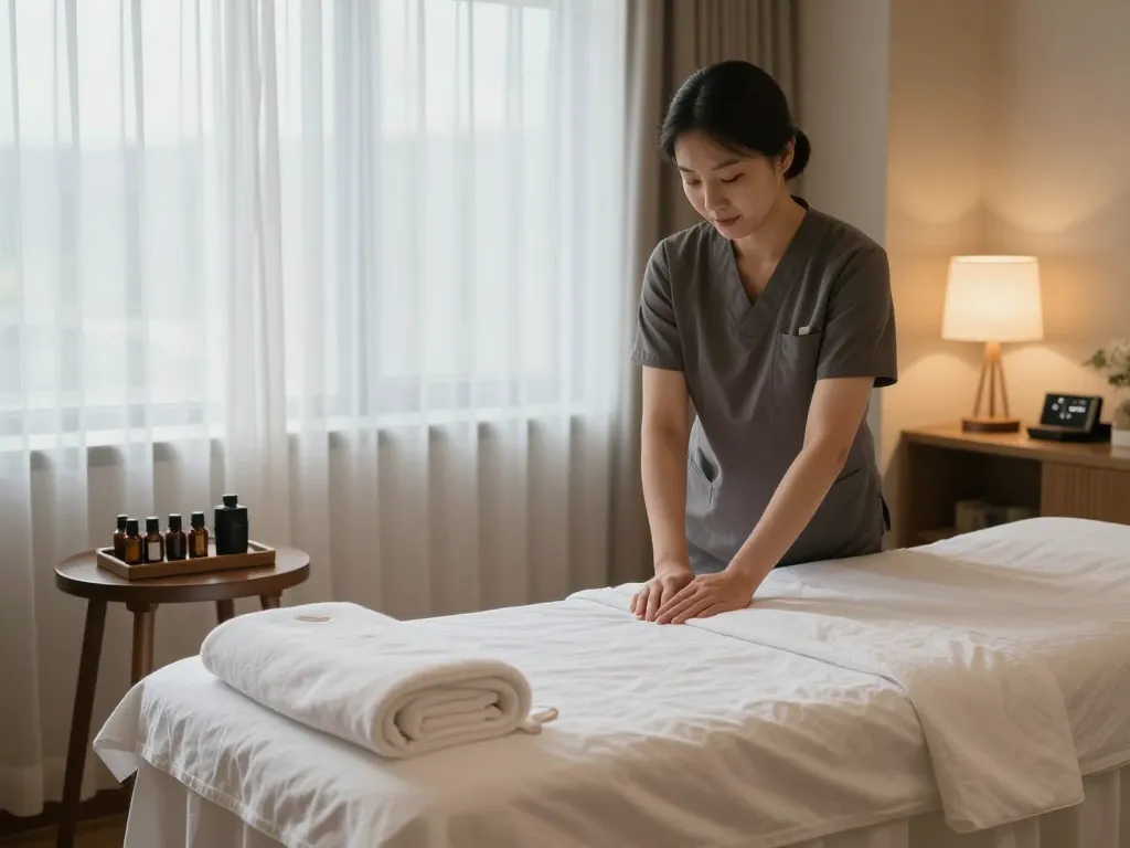 Indulging in 인천 출장마사지 in a tranquil hotel room setting, with a relaxing ambiance.