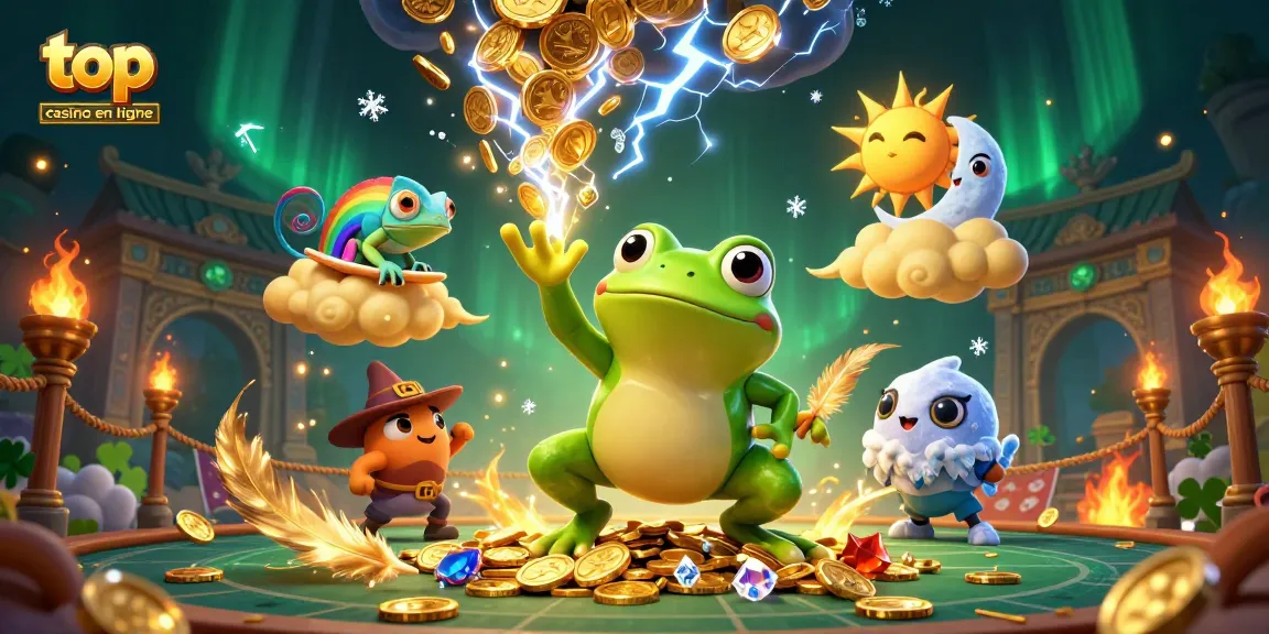Découvrez le top casino en ligne illustré par des personnages animés entourés de pièces d'or et de jeux captivants.