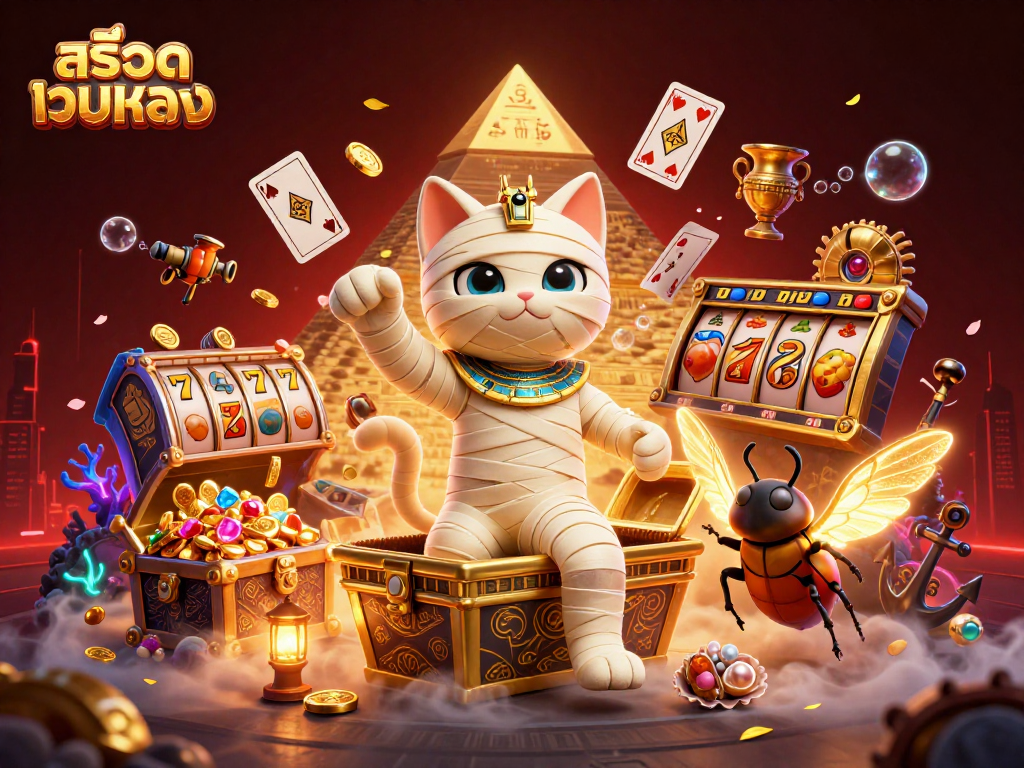 Experience สล็อตเว็บตรง action with a vibrant 3D illustration of a mummy cat in a casino scene.