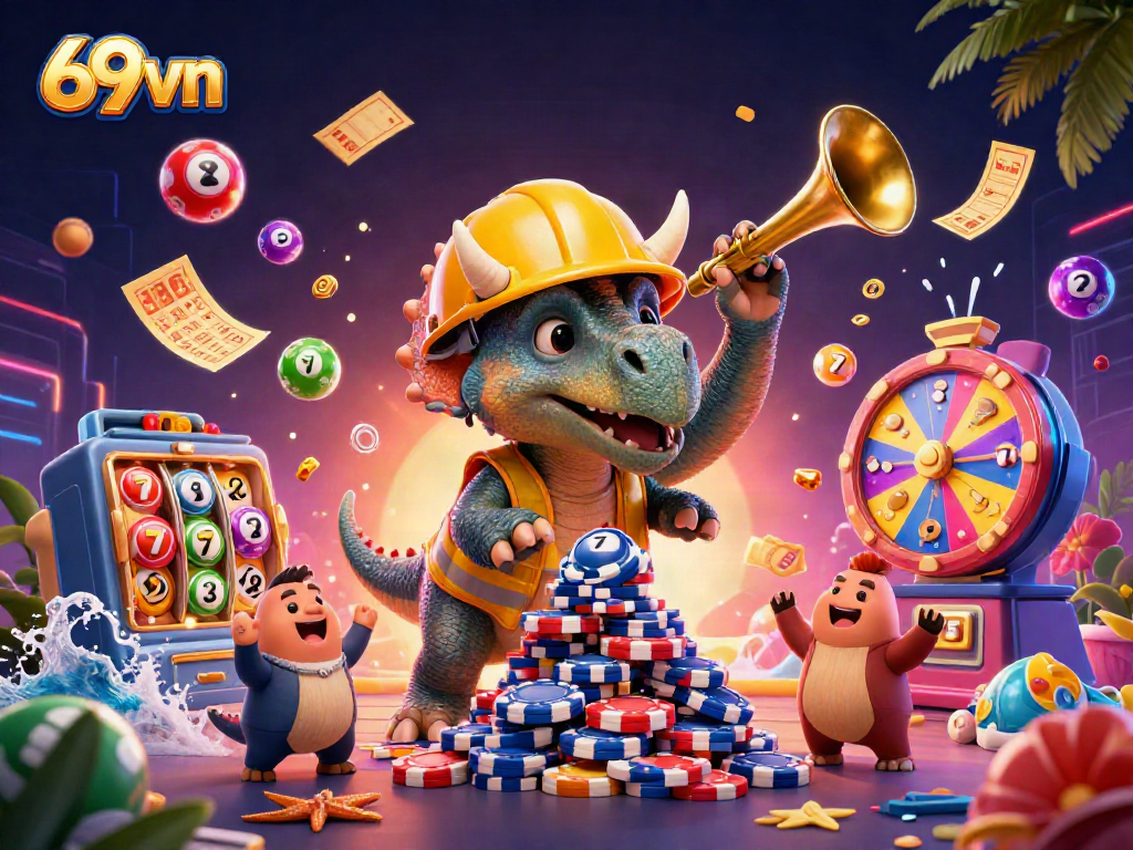 Engage with 69vn's vibrant casino scene featuring a triceratops building poker chip pyramids.