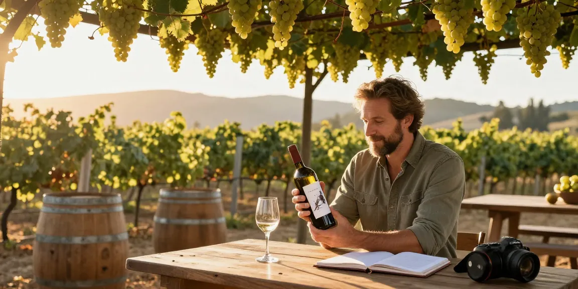 Entrepreneur exploring white label wine in Temecula vineyard during sunset, surrounded by grapevines and barrels.