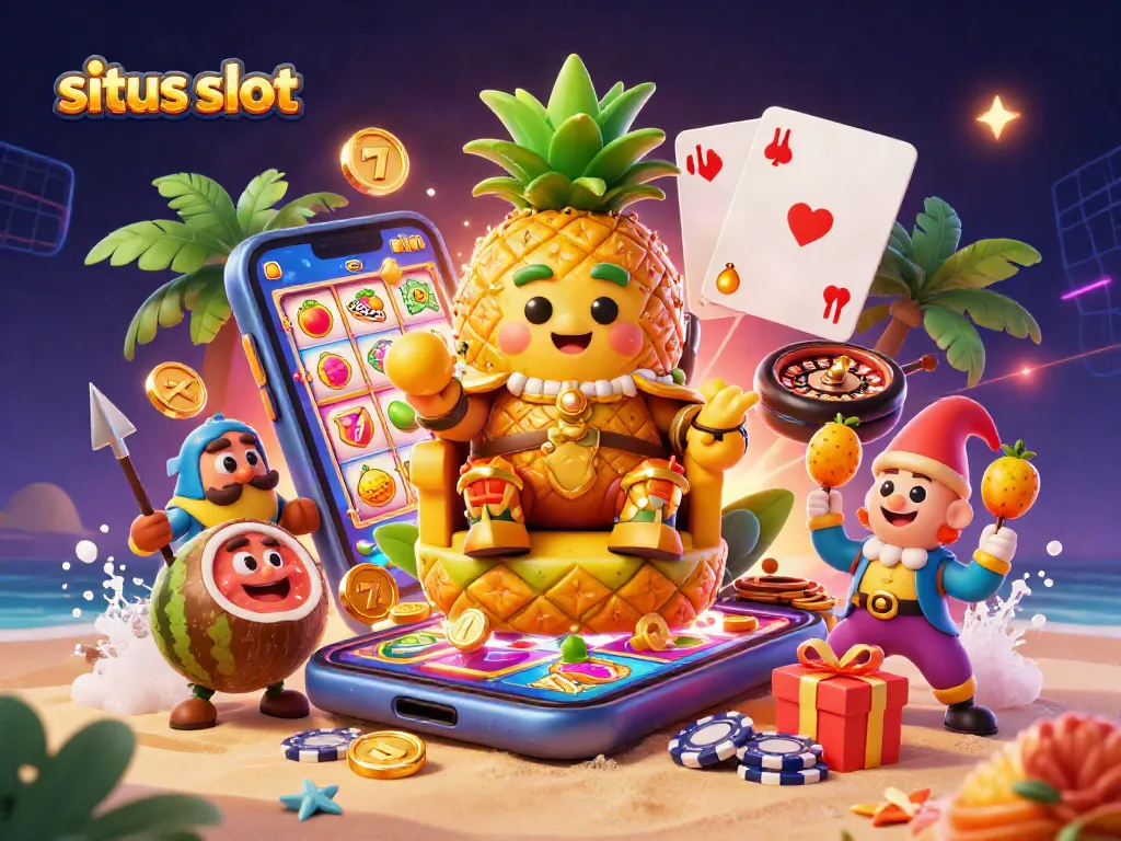 Engage with situs slot through this vibrant 3D casino scene bursting with game symbols and fun characters.