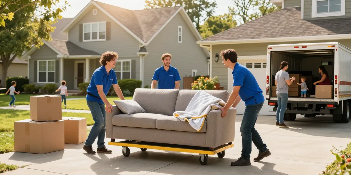 Friendly movers ensuring smooth moving services with care and professionalism in a sunny neighborhood.