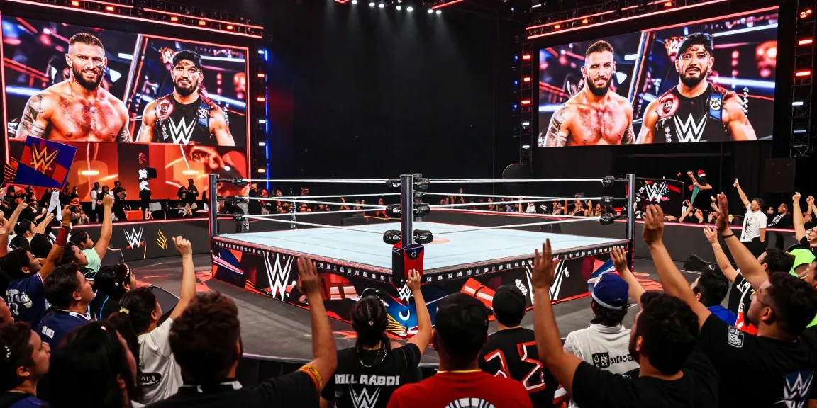 WWE Saudi Arabia event with fans cheering and iconic wrestling ring illuminated.