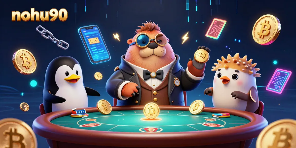 Join the thrilling nohu90 poker game with a playful walrus and penguin dealer in a vibrant underwater casino.