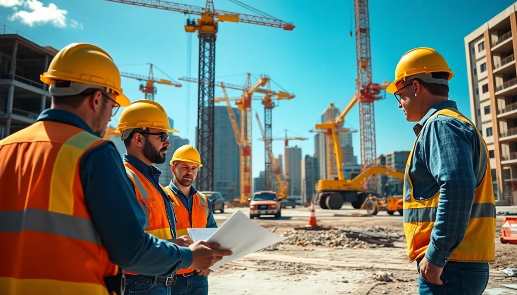 Workers engaged in Austin construction, accentuating teamwork and urban development on a busy site.