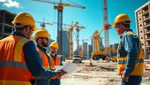 Workers engaged in Austin construction, accentuating teamwork and urban development on a busy site.