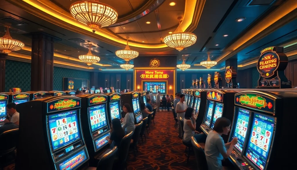 Playing the slot demo mahjong amidst vibrant casino excitement with colorful slot machines.