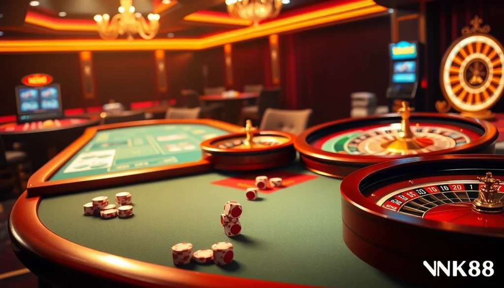 Exciting gambling scene at nhà cái NK88 with casino tables and vibrant betting atmosphere.