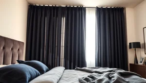 Verduisterende gordijnen in een moderne slaapkamer met luxe stoffen en stijlvol ontwerp.