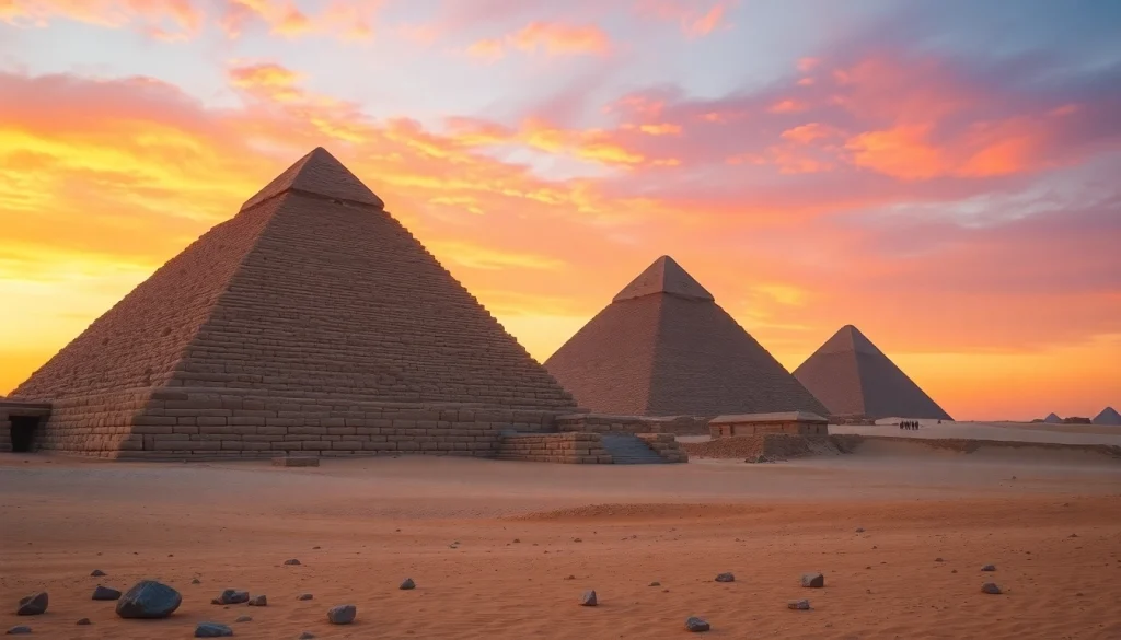 Pyraminds towering against a sunset sky highlight their ancient beauty.