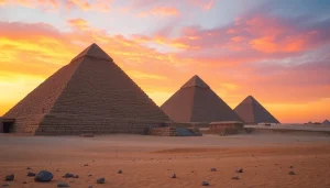 Pyraminds towering against a sunset sky highlight their ancient beauty.