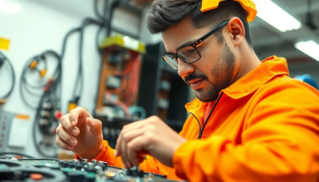 Electrician apprenticeship hawaii in progress with a focused apprentice working on circuitry.