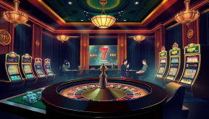 A thrilling gaming scene at https://i9bett.cn.com/ showcasing poker chips and a roulette wheel in a luxurious casino setting.