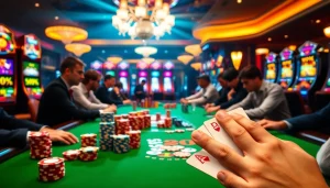 Bermain poker dan merayakan kemenangan Datuk Win dengan tumpukan chip dan lampu kasino yang berwarna-warni.