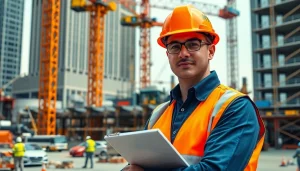 New York City Construction Manager guiding a construction team amidst a dynamic city skyline