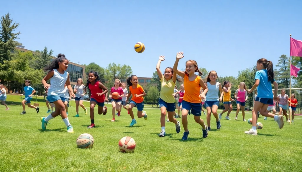 Dynamic scene at Multi Sports Camps for Girls showcasing girls engaging in various sports.
