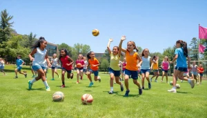 Dynamic scene at Multi Sports Camps for Girls showcasing girls engaging in various sports.