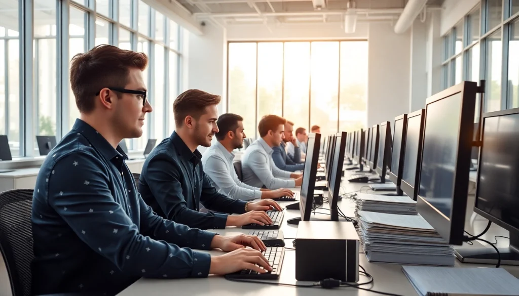 Showcasing a professional typing center with efficient staff in a collaborative workspace.