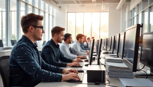 Showcasing a professional typing center with efficient staff in a collaborative workspace.