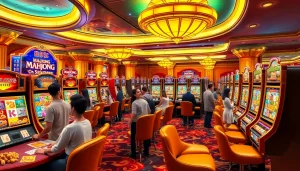 Penjudi yang bersemangat menikmati permainan Slot Demo Mahjong di kasino yang penuh warna.