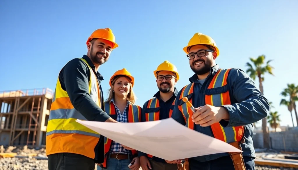Collaborating Southern California contractors analyzing blueprints at a construction site.