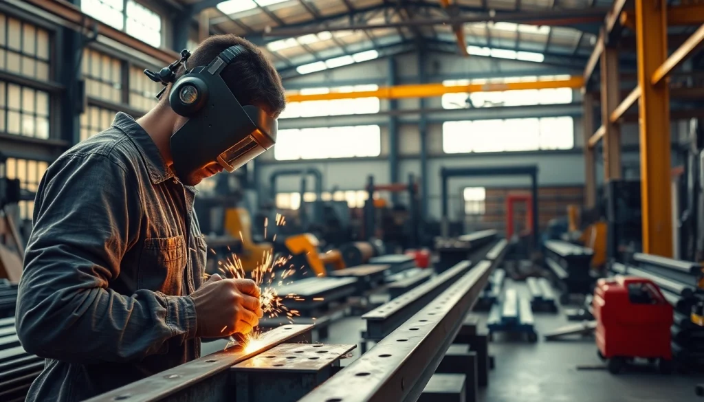 Showcasing custom steel fabrication in a workshop, skilled fabricators engaged in metalwork.