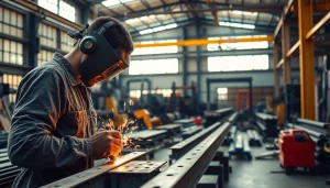 Showcasing custom steel fabrication in a workshop, skilled fabricators engaged in metalwork.