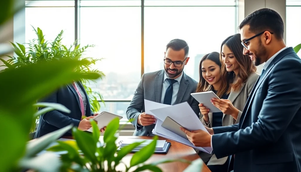 Environmental law firm attorneys collaborating on ecological legal strategies in a bright office.
