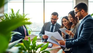 Environmental law firm attorneys collaborating on ecological legal strategies in a bright office.