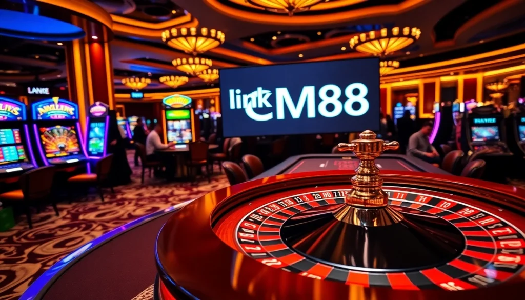 Engaging casino scene with the link CM88, showcasing a roulette wheel and vibrant gaming atmosphere.
