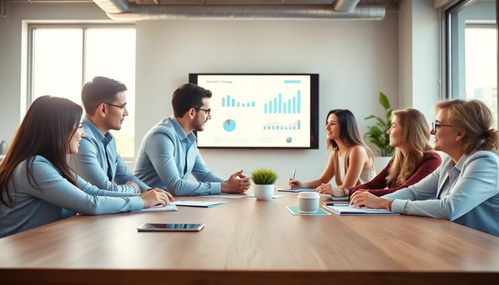 Analyze growth strategy trends in a collaborative business meeting with visual data displays.