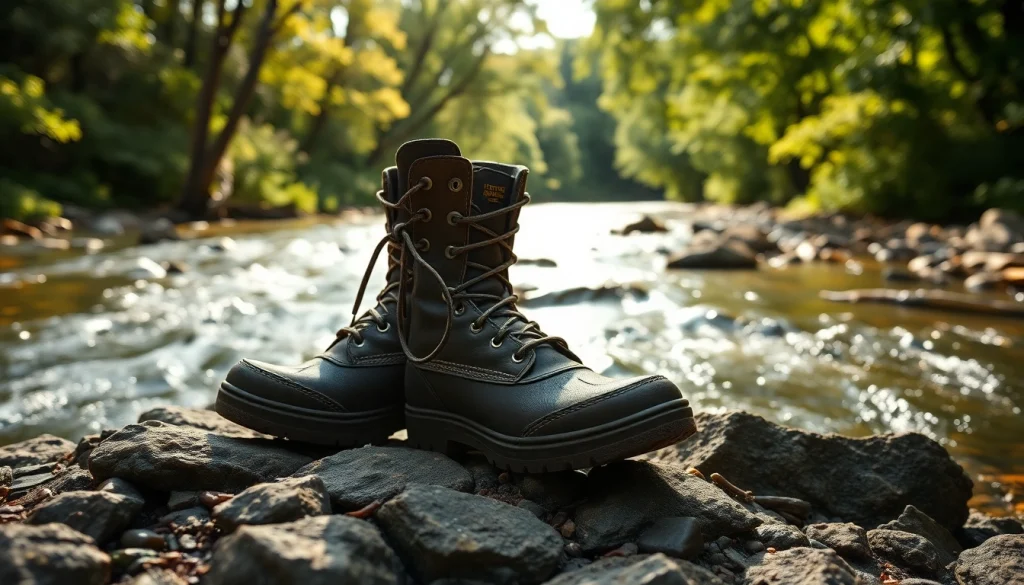 Fly fishing boots positioned on a riverbank showing durability and design features.