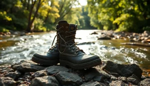 Fly fishing boots positioned on a riverbank showing durability and design features.